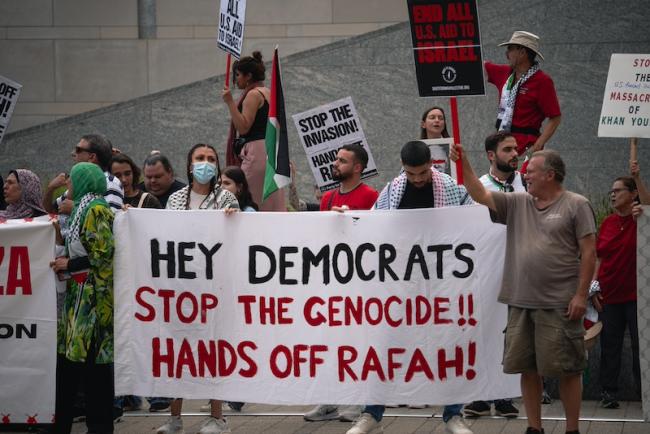 Community members in Raleigh, North Carolina protest a visit of Nancy Pelosi to the area for a NC Democratic fundraiser, July 20, 2024. (Courtesy of JennyLee Baguio)