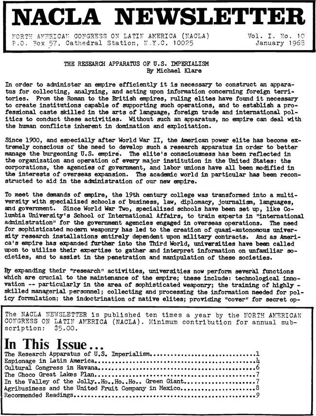 A 1968 issue of the NACLA Newsletter