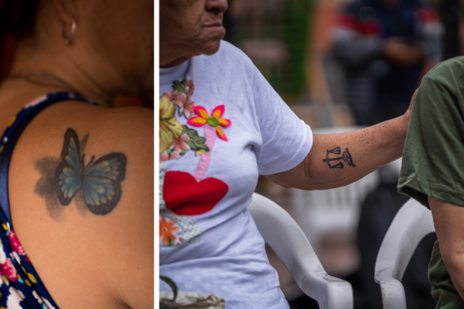 Left: Beatriz’s butterfly tattoo speaks to her transformation. (Andrés Torres Galeano) Right: Blanca’s scales of justice tattoo is the same one her son Julián had tattooed on his arm. (Diego Cuevas)