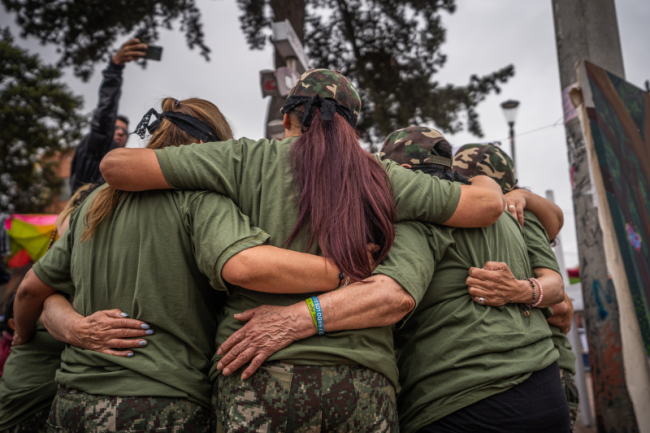 The Mothers of Soacha create processes of collective healing through performance. Here they commemorate 15 years of struggle in Soacha, April 2023. (Diego Cuevas)