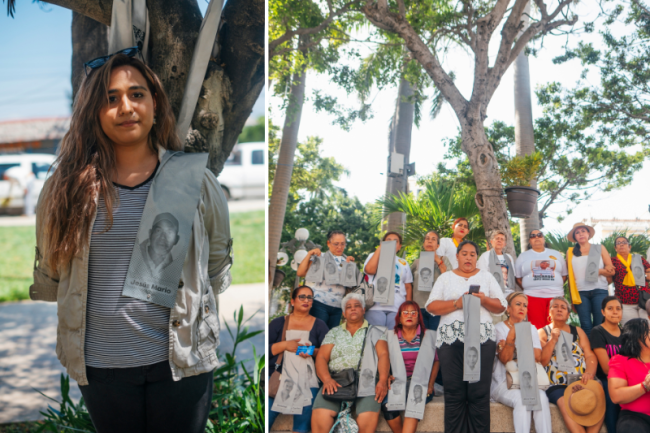 L: Mili stands next to the Tree of Hope in Ensenada with the commemorative ribbon of her father, Jesús, August 2023. | R: Families of Colectivo Solecito de Veracruz stand in front of their Tree of Memory, May 2023. (Sergio Beltrán-García)