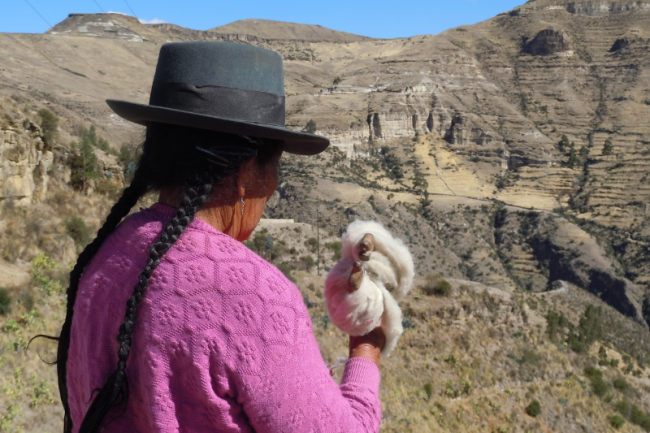 Una mujer hila lana en Lucanamarca, Ayacucho, Peru, 2011. (María Eugenia Ulfe)