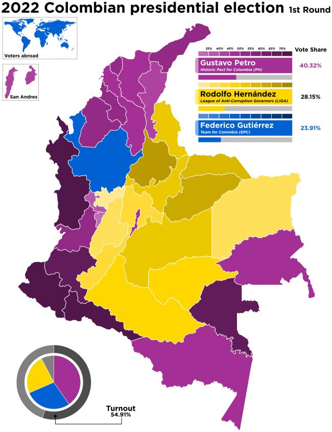 Los resultados de la primera vuelta presidencial el 29 de mayo 2022. (Basque mapping / CC BY-SA 4.0)