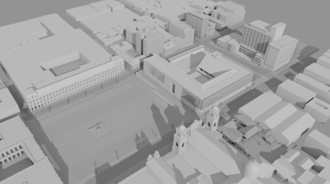 A 3D model of Bogotá’s main square, Plaza de Bolivar, where the Palace of Justice is located. The Museum of Independence sits in the bottom right corner, between the Palace and Cathedral. (Cajas Negras, Forensic Architecture, 2021)