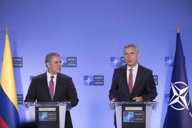 Last month, the U.S. announced it would designate Colombia as a a Major Non-NATO Ally.  Here, Colombian President Iván Duque in a 2018 press conference with NATO Secretary General Jens Stoltenberg (NATO North Atlantic Treaty Organization, Flickr)