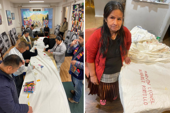 Left: People embroider a memory blanket at the People's Center in New Haven, Connecticut. | Right: Reyna Portillo with the name of her son, Marvin Leonel Álvarez Portillo. (Courtesy of Rubén Figueroa) 