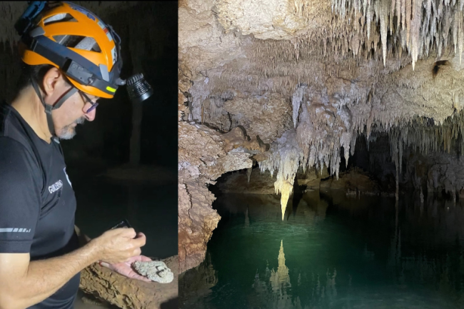 Left: Guillermo D.Christy of Cenotes Urbanos in the Ak'Tun cave system. Right: Stalactites in the Ak'Tun cave system. (Jack Phillips)