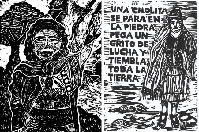 Left: Lolita Chávez | Right: “A cholita stands on a rock, lets out a cry of struggle, and the entire Earth shakes.” (Cooperativa Gráfica la Voz de la Mujer)