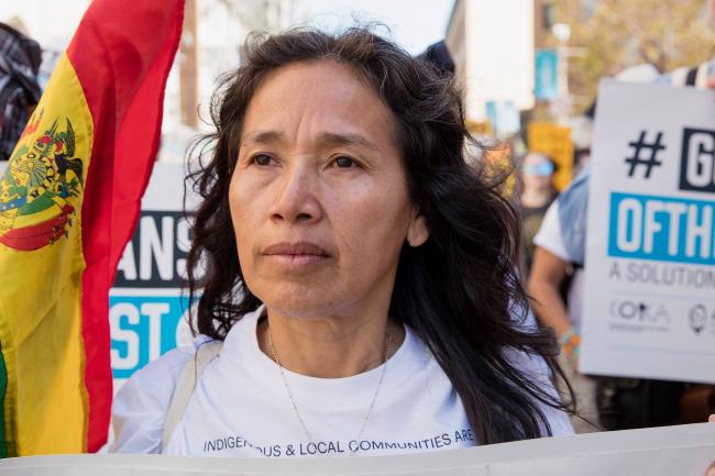 Ruth Alipaz protesting at the Global Climate Action Summit in San Francisco in September 2018, where she denounced the Chepete-El Bala y Rositas mega-dam projects. (Guardians of the Forest)