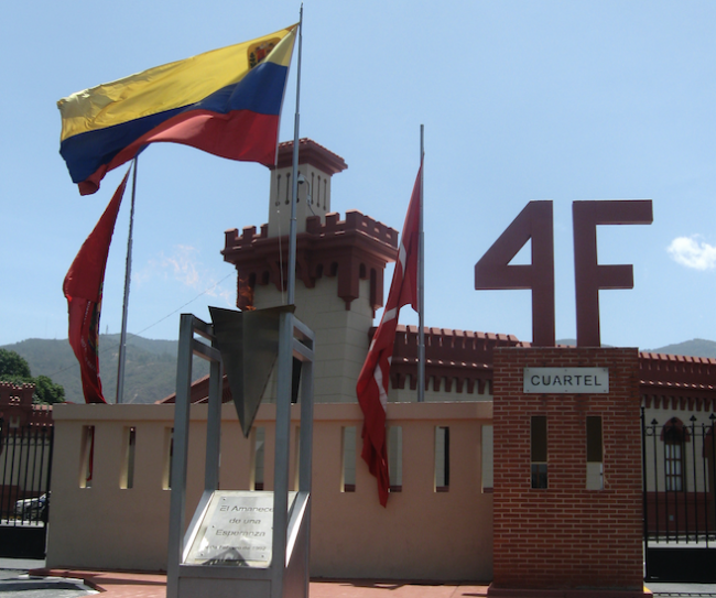A monument at the 4F Mountain Barracks, where Hugo Chávez organized his 1992 coup attempt, reads: "The dawn of hope, February 4, 1992." The military museum now houses Chávez's tomb. (Alejandro Velasco)