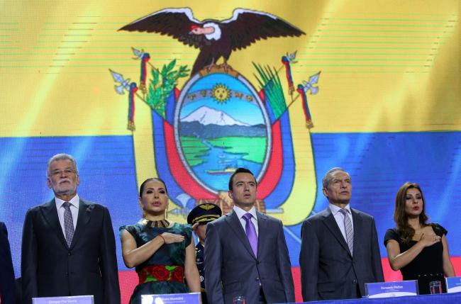 President Daniel Noboa (third from the left) with head of the National Electoral Council Diana Atamaint (second from the left) at the inauguration of the popular referendum vote on April 21, 2024. (Carlos Silva / Presidencia del Ecuador / PDM 1.0 DEED)