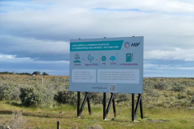 A sign advertising HIF Global’s Haru Oni green hydrogen demonstration plant in southern Chile, January 2024. (Peter Klepeis)