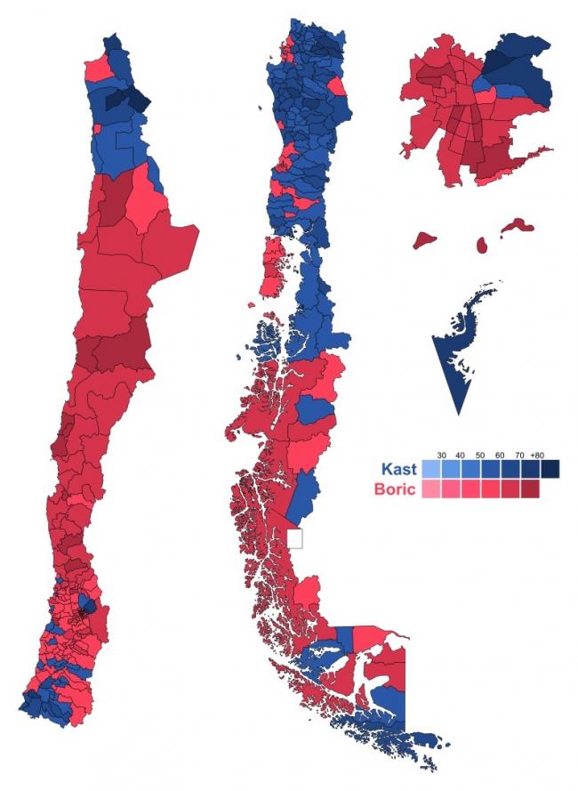 Results in the second round of Chile's 2021 presidential election, by commune. (James2813 / CC BY-SA 4.0)