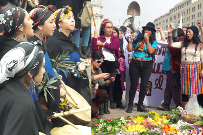 Izquierda: Mujeres mapuches, 2016. Derecha: Feminista comunitaria aymara Adriana Guzmán en Santiago, Chile, 2016. (Andrea Ivanna Gigena)