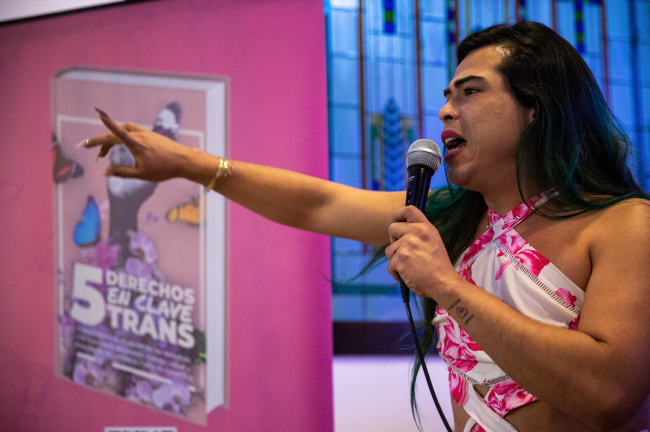 Samanta Durango, a victim of violence and displacement from the armed conflict, traveled to Bogotá from Medellín to give her testimony of the violence she suffered as a trans woman in the historically marginalized community of Comuna 13. (Antonio Cascio)