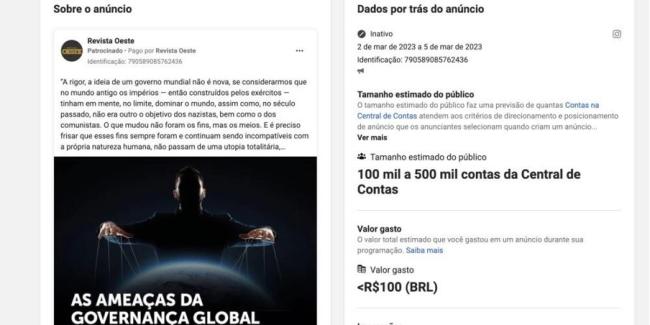 Revista Oeste paid for promoted posts about global warming on Facebook.