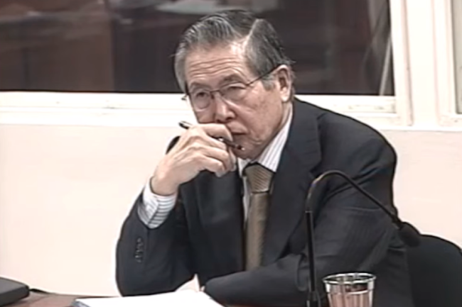 Alberto Fujimori listens to witness testimony during the trial for the Barrios Altos and La Cantuta massacres, in Lima, Peru, March 10, 2008. (Via Centro de Documentación e Investigación LUM)