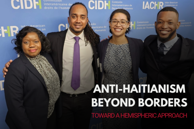 Members of the Hemispheric Network for Haitian Migrants' Rights at an IACHR thematic hearing, February 29, 2024. Left-right: Guerline Jozef (USA), Louby Georges (Bahamas), Gabrielle Apollon (USA), Jackson Jean (Argentina). (Courtesy of Gabrielle Apollon)