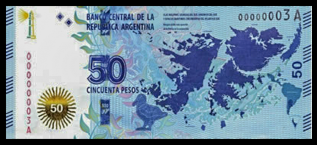 Argentina’s 50-peso bill features an outline of the islands. (José Pestana / Flickr / CC BY-NC-SA 2.0 DEED)