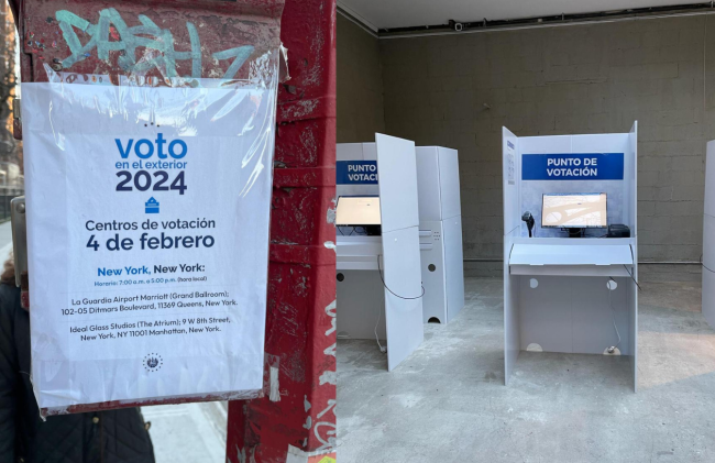 Left: “Voto en el exterior 2024” - A poster for El Salvador’s 2024 vote abroad in February. Right: A polling booth at an El Salvador 2024 vote abroad station. (Courtesy of a member of the CIS election observation mission)