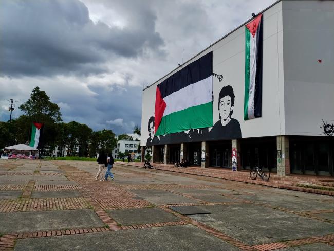 Palestinian flags hang in the National University of Colombia's Plaza Che, which honors the student martyrs of the university, as part of the pro-Palestine student encampment, June 14, 2024. (George Ygarza)