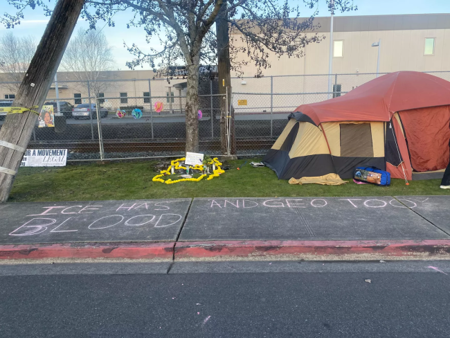 “ICE HAS BLOOD” “AND GEO TOO” Protestors camp outside the ICE Northwest Detention Center. March 2024. (Image courtesy of Lilly Ann Fowler)