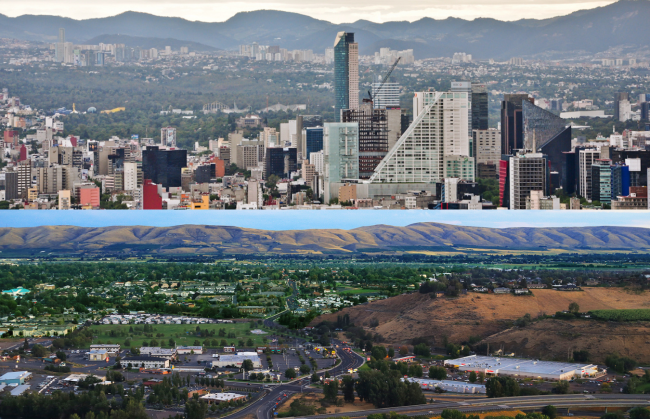 Top: Panorama of Mexico City (pop. 9.2 million) (Storkholm Photography / Flickr / CC BY-NC-SA 2.0 DEED). Bottom: City of Yakima in Washington (approx. pop. 97,000) (GPA Photo Archive / Flickr / CC BY 2.0 DEED).