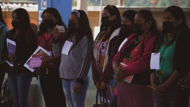 Chontal women celebrate the formation of a women's committee and their participation in the defense of their territory. (Santiago Navarro F)