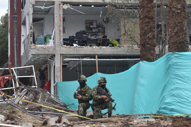 Colombian military forces at the site of a car bombing in Saravena in the department of Arauca on Feb 6 (Joshua Collins)