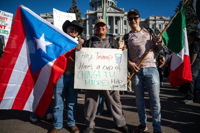 "Hey Trump, here's a cup of chinga tu madre!" A scene from a February 5 demonstration at the steps of the Capitol in Denver, where thousands gathered to protest Trump's new administration and ICE raids happening in the Denver metro area. (Ryan Kost)