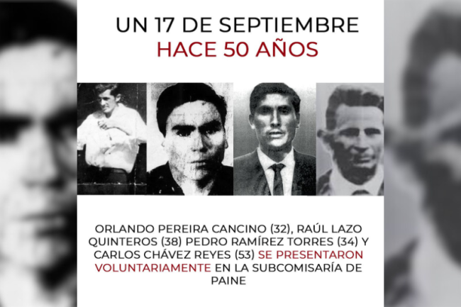 “On September 17, 50 years ago.” An image shows the four desaparecidos (disappeared) of Paine, stating that “they voluntarily presented themselves at the Paine local police station.” (Memorial Paine: Un lugar para la Memoria / Facebook)