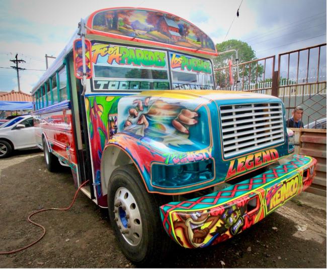 A complete look at one of the buses Melgar has painted. Every single part of the diablo rojo is covered in vivid, hand painted artwork. 