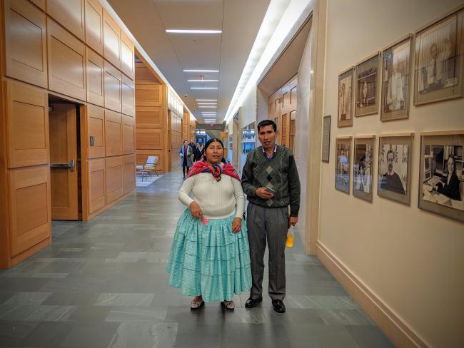 Eloy Rojas Mamani and Etelvina Ramos Mamani visit Harvard Law School in 2019 to talk with students about their lawsuit. Eloy and Etelvina’s daughter was killed by a stray bullet in Warisata, Bolivia during the 2003 Gas War (Thomas Becker)