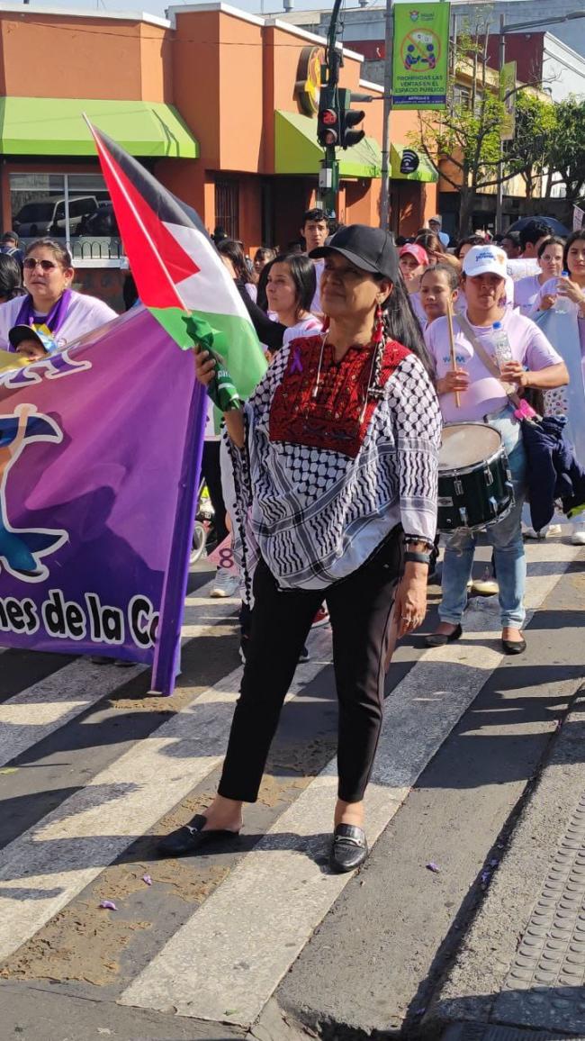 An 8M participant wears the keffiyeh pattern, symbolic of Palestinian liberation. They hold the Palestinian flag and a green handkerchief, a feminist symbol of the right to legal abortion. March 8, 2024. Ciudad de Guatemala. (Festivales Solidarios)