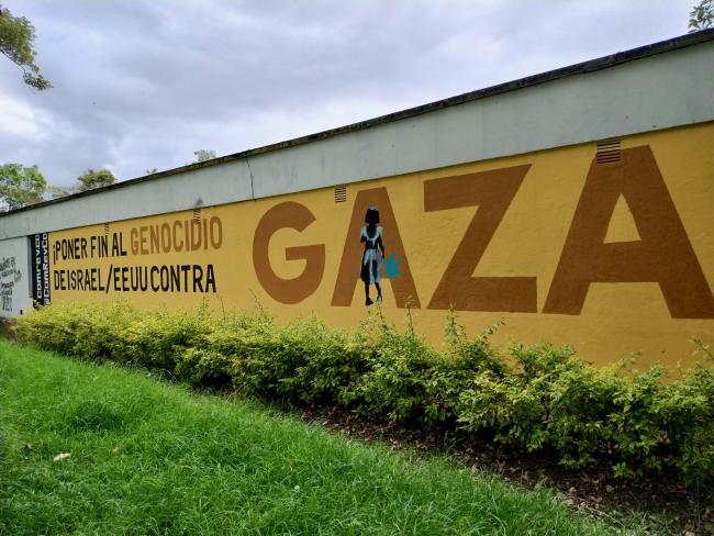 A mural at the National University of Colombia in Bogotá reads: "Put an end to the genocide by Israel and the United States against Gaza." (George Ygarza)