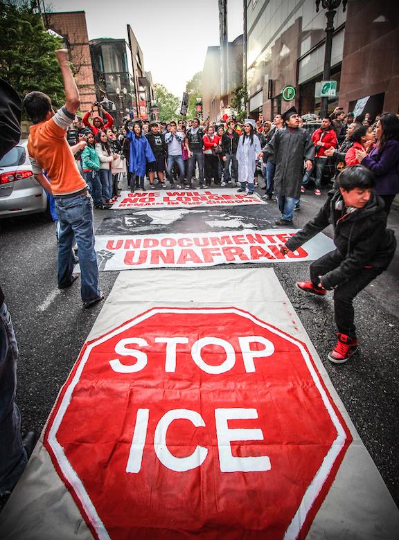 Four undocumented Oregon youth with the National Immigration Youth Alliance arrested after leading a May Day march and rally in 2012 to protest Obama's Secure Communities policy. (Steve Pavey/Hope in Focus)