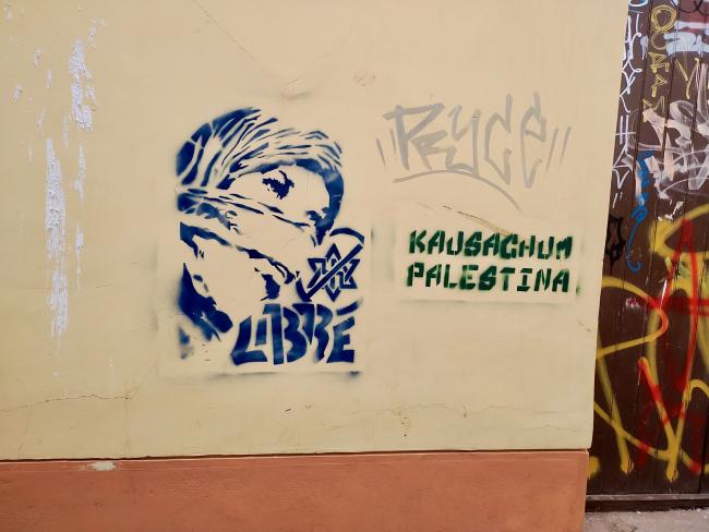 Pro-Palestine graffiti in the streets of Cusco, Peru, reads "Kausachun Palestina," which translates from Quechua to "Long Live Palestine." (George Ygarza)