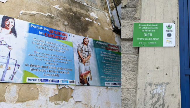 Left: Signage about safety precautions for visitors to Buen Pastor prison, April 28, 2023. Right: Sign for the nursery located inside Buen Pastor for incarcerated mothers with children under three, April 28, 2023. (Joseph Hiller)