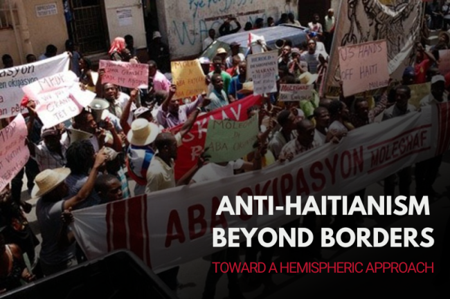 A July 2015 demonstration on the centennial of the beginning of the U.S. occupation of Haiti. As part of the popular democratic progressive movement, protesters declared: “With or without boots, we are still under Occupation.” (Mark Schuller)