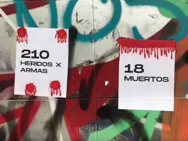 Simple, dramatic statements call attention to the number of dead (muertos) and wounded (heridos) by force of arms (armas) in the protests. (Eric Zolov)