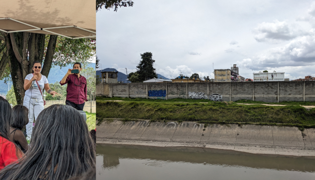 Left: Carolay Bayona speaking at a community lecture outside of Buen Pastor prison. October 13, 2023. Right: Buen Pastor prison and the Río Negro canal. October 13, 2023. (Joseph Hiller)