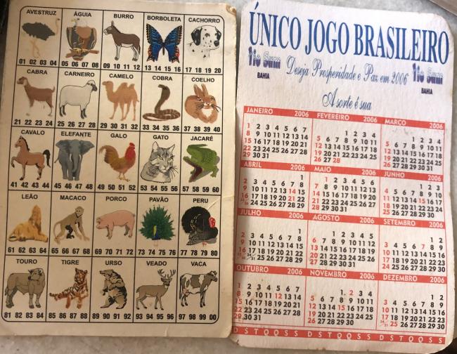 A chart of the jogo de bicho animals and number equivalents, and a calendar promoting the game. (Constance Malleret)