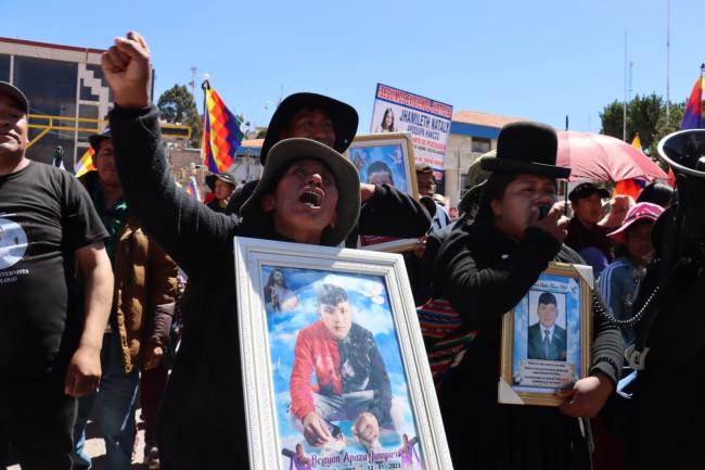Family members of the victims demand justice at a demonstration on the one year anniversary of the Juliaca massacre on January 9. (Photo courtesy of Derechos Humanos y Medio Ambiente - Puno, Peru)
