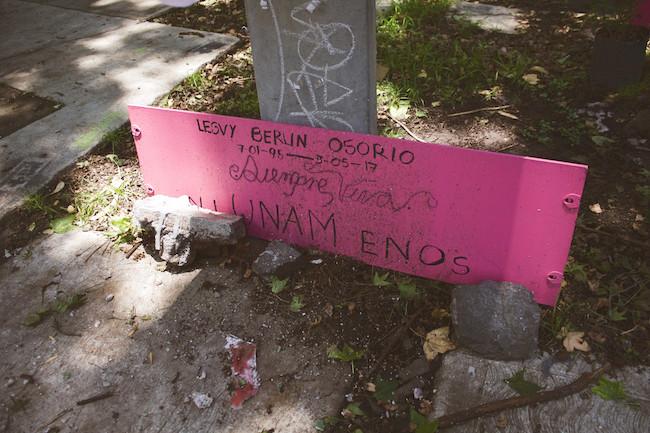 Lesvy Berlin Rivera Osorio's shrine at the site of her May 3, 2017 murder. (Nidia Bautista) 