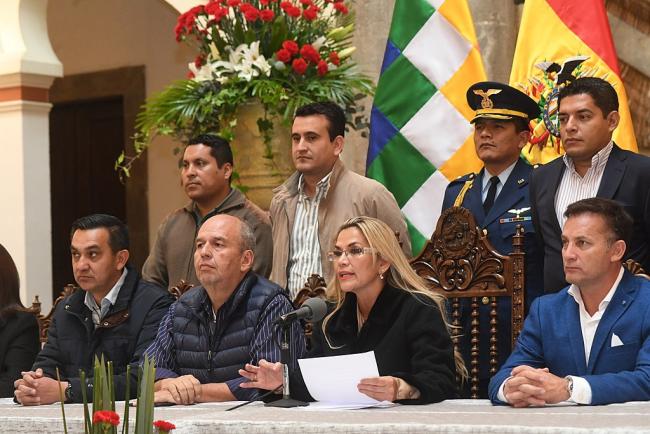 Añez gives a press conference in December 2019, a few weeks after taking office as president of Bolivia (Asamblea Legislativa Plurinacional, Wikimedia Commons)