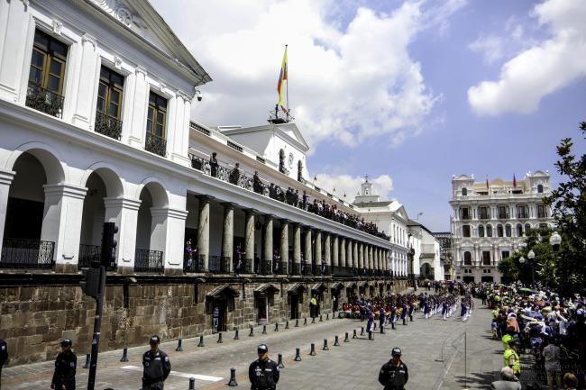 Facade of the Carondelet Palace or Government Palace located in the Plaza Grande, Historic Center of Quito (ANDES/Micaela Ayala V. / Wikimedia Commons / CC BY-SA 2.0)