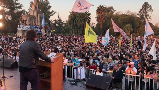 Far right presidential candidate Javier Milei launches his party La Libertad Avanza in 2021. Milei came in first place in the Argentine primary elections on Sunday. ( Wikimedia Commons / Sargen220 / CC-BY-3.0)