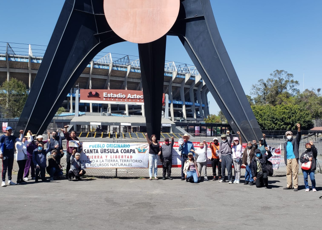 Members of Pueblo Originario Santa Ursula Coapa protested against the expansion of Mexico City’s Estadio Azteca for the 2026 World Cup, photographed on May 29. (Eric Larson)