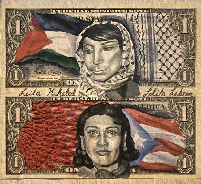 A photo of street art in Río Piedras, Puerto Rico, depicting Leila Khaled (top) and Lolita Lebrón (bottom) on dollar bills. (Lola Rosario)