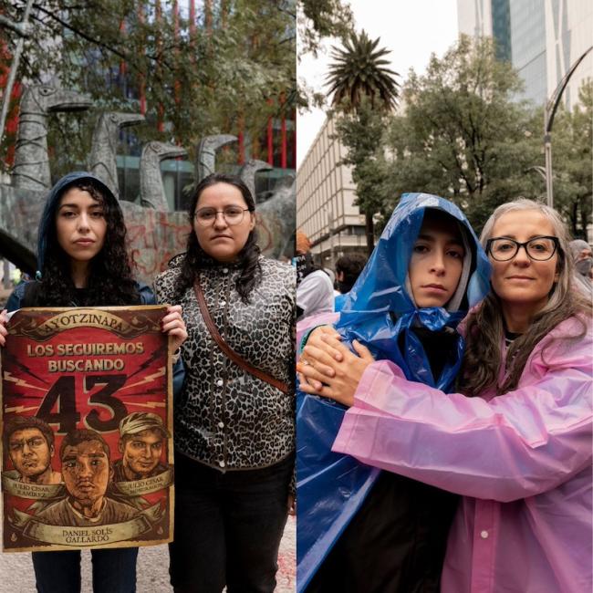 Left: Eva, a sociologist, attends the march with her friend. Right: Paula Mónaco, whose parents were disappeared by the Argentine dictatorship, attends the march with her son. (Anita Pouchard Serra)